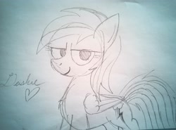 Size: 4033x2989 | Tagged: safe, artist:dhm, imported from derpibooru, rainbow dash, cursive writing, cute, faic, female, heart, looking at you, monochrome, pencil drawing, signature, sketch, smug, smugdash, solo, text, traditional art