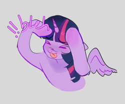 Size: 575x478 | Tagged: safe, artist:xxk1ttyl1tterxx, imported from derpibooru, twilight sparkle, alicorn, pony, ><, ah eto bleh, blush scribble, blushing, bust, closed mouth, cute, exclamation point, eyebrows, eyebrows visible through hair, eyes closed, feathered wings, female, floppy ears, gray background, head in hooves, horn, mare, nose blush, silly, silly pony, simple background, smiling, solo, tongue out, twilight sparkle (alicorn), wings, x3, xp