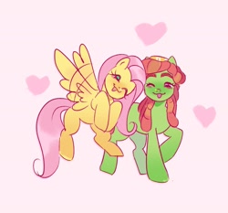 Size: 2655x2475 | Tagged: safe, artist:xxk1ttyl1tterxx, imported from derpibooru, fluttershy, tree hugger, earth pony, pegasus, pony, ;3, afterimage, bandana, bushy brows, colored eyebrows, dreadlocks, duo, duo female, eyebrows, feathered wings, female, flapping, flapping wings, flutterhugger, flying, full body, green eyes, head tilt, heart, heart background, high res, lesbian, looking at each other, looking at someone, mare, motion lines, narrowed eyes, no pupils, one eye closed, open mouth, open smile, pink background, shipping, simple background, smiling, smiling at each other, spread wings, three quarter view, walking, wings, wink