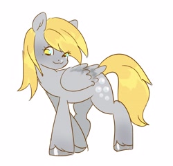 Size: 3564x3423 | Tagged: safe, artist:xxk1ttyl1tterxx, imported from derpibooru, derpy hooves, pegasus, pony, :3, beauty mark, closed mouth, doodle, eye clipping through hair, feathered wings, female, folded wings, full body, high res, looking at you, mare, no pupils, shiny hooves, simple background, smiling, smiling at you, solo, turned head, unshorn fetlocks, walking, white background, wings