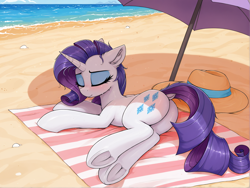 Size: 1800x1352 | Tagged: safe, imported from twibooru, rarity, pony, unicorn, ai generated, beach, butt, eyes closed, featureless crotch, female, frog (hoof), generator:zoinksnoob, horn, image, lying down, mare, outdoors, png, prompter:ramprover, solo, underhoof