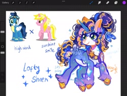 Size: 2048x1536 | Tagged: safe, artist:sonira24, imported from derpibooru, high winds, sunshine smiles, oc, oc only, oc:lofty sheen, pegasus, pony, unicorn, art program in frame, aviator goggles, clothes, female, fusion, goggles, goggles on head, horn, mare, uniform, unshorn fetlocks, wonderbolts uniform