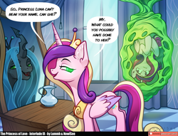 Size: 3660x2795 | Tagged: safe, artist:inowiseei, artist:lummh, imported from derpibooru, princess cadance, queen chrysalis, alicorn, changeling, changeling queen, pony, comic:the princess of love, cocoon, dialogue, disguise, disguised changeling, duo, duo female, fake cadance, female, glowing, glowing eyes, high res, implied princess luna, lidded eyes, mare, open mouth, open smile, reflection, smiling, speech bubble, upside down