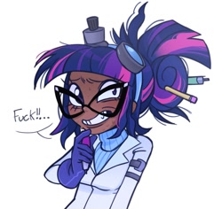 Size: 1224x1154 | Tagged: safe, artist:mistigri_0000, imported from derpibooru, sci-twi, twilight sparkle, human, clothes, dark skin, dialogue, glasses, gloves, goggles, goggles on head, humanized, lab coat, speech bubble, sweat, vulgar