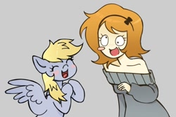 Size: 890x594 | Tagged: safe, artist:mistigri_0000, imported from derpibooru, derpy hooves, human, pegasus, pony, clothes, derp, derpina, duo, female, gray background, hairband, mare, meme, rage comic, simple background, strapless, sweater