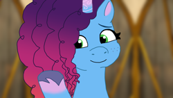 Size: 1920x1080 | Tagged: safe, artist:shucku, imported from derpibooru, pony, unicorn, female, g5, horn, mare, misty brightdawn, my little pony: make your mark, rebirth misty, redraw, scene interpretation, smiling