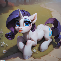 Size: 2496x2496 | Tagged: safe, imported from twibooru, rarity, pony, unicorn, :p, ai generated, closed mouth, confused, dock, ear fluff, female, generator:pony diffusion v6 xl, grass, horn, image, looking at you, lying on grass, mare, png, prompter:ob2908, raspberry, road, solo, tongue out, tree