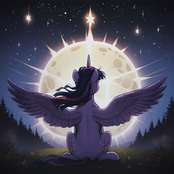 Size: 4608x4608 | Tagged: safe, imported from twibooru, twilight sparkle, alicorn, pony, ai generated, butt, cutie mark, female, flowing mane, generator:pony diffusion v6 xl, generator:stable diffusion, grass, horn, image, mare, moon, needs more jpeg, night, outdoors, plot, prompter:thedaren666, rear view, sitting, sitting on grass, sky, solo, spread wings, stars, tree, twilight sparkle (alicorn), wings