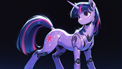 Size: 2560x1440 | Tagged: safe, artist:truekry, imported from twibooru, twilight sparkle, pony, robot, robot pony, unicorn, ai generated, female, generator:wai-nsfw-illustrious-sdxl, horn, image, mare, png, prompter:truekry, simple background, solo