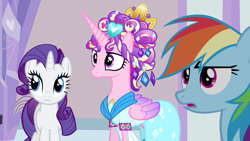 Size: 1280x720 | Tagged: safe, imported from derpibooru, screencap, princess cadance, rainbow dash, rarity, alicorn, pegasus, pony, unicorn, games ponies play, season 3, alicorn horn, alicorn wings, alternate hairstyle, colored wings, crystal heart, female, females only, folded wings, heart, horn, jewelry, jewels, long horn, looking at someone, mare, multicolored hair, multicolored mane, multicolored wings, my little pony, purple mane, rainbow hair, three toned mane, two toned wings, unicorn horn, wings, wings down