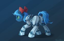 Size: 2800x1800 | Tagged: safe, artist:emeraldgalaxy, imported from derpibooru, oc, oc only, pony, robot, robot pony, unicorn, bow, butt, commission, dock, featureless crotch, female, horn, looking at something, plot, solo, tail