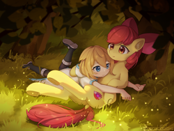 Size: 2150x1621 | Tagged: safe, artist:emeraldgalaxy, imported from derpibooru, apple bloom, oc, oc:fears, earth pony, human, pony, adorabloom, apple bloom's bow, blushing, bow, butt, clothes, cute, cutie mark, dock, dress, duo, duo female, female, filly, foal, hair bow, hug, lying down, outdoors, plot, smiling, tail, the cmc's cutie marks