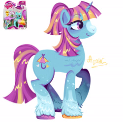 Size: 2031x2024 | Tagged: safe, artist:a-gang-of-hoodedcrow, imported from derpibooru, dewdrop dazzle, pony, unicorn, female, horn, mare, raised hoof, signature, simple background, smiling, solo, tail, toy, toy reference, white background