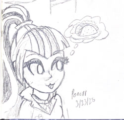 Size: 597x577 | Tagged: safe, artist:ponerr, imported from derpibooru, sonata dusk, human, equestria girls, black and white, food, grayscale, monochrome, signature, solo, sonataco, taco