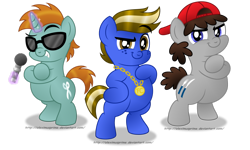 Size: 1024x615 | Tagged: safe, artist:aleximusprime, imported from derpibooru, snips, truffle shuffle, oc, oc:fudge cookie, earth pony, unicorn, backwards ballcap, baseball cap, bipedal, cap, chubby, colt, fat, foal, hat, horn, jewelry, levitation, looking at you, magic, male, medallion, microphone, necklace, parody, rapping, smiling, standing, telekinesis, the fat boys