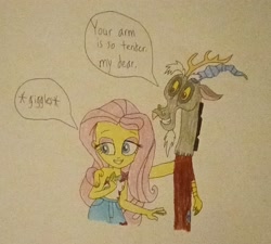 Size: 2852x2563 | Tagged: safe, anonymous artist, derpibooru exclusive, imported from derpibooru, discord, fluttershy, draconequus, human, equestria girls, 2025, best friend, best friends, big smile, clothes, cruise outfit, cute, dress, duo, duo male and female, excited, female, friend, friends, giggling, grin, hand on arm, male, personal space invasion, shy, simple background, sleeveless, sleeveless dress, smiling, speech bubble, touch, touching, traditional art, white background