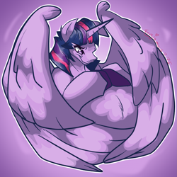 Size: 1919x1919 | Tagged: safe, artist:fenjamaus, imported from derpibooru, twilight sparkle, alicorn, pony, belly, belly fluff, big belly, female, fluffy, hooves on belly, implied oc, mare, smiling, soft vore, solo, spread wings, twilight sparkle (alicorn), twipred, vore, wings