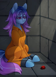 Size: 2100x2864 | Tagged: safe, artist:erein, imported from derpibooru, cyborg, cyborg pony, earth pony, insect, ladybug, pony, clothes, commission, commissioner:rainbowdash69, crepuscular rays, cuffed, cuffs, ears up, female, g5, high res, jail, jail cell, jumpsuit, mare, multicolored mane, multicolored tail, never doubt rainbowdash69's involvement, odessa evensong, prison, prison outfit, prisoner, sad, shackles, solo, tail, text