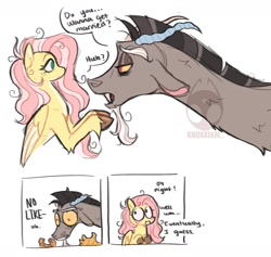 Size: 1569x1488 | Tagged: safe, artist:knoxxiam, imported from derpibooru, discord, alternate design, ask, beard, big eyes, blush sticker, blushing, dialogue, embarrassed, exclamation point, face change, facial expressions, facial hair, fiance, floppy ears, horn, huh, implied discoshy, implied interspecies, implied marriage, implied shipping, implied straight, interspecies, looking back, question, uh, watermark