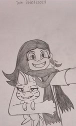 Size: 1886x3112 | Tagged: safe, artist:tom artista, imported from derpibooru, zipp storm, cat, human, animal, catified, clothes, drawing, ear piercing, expressions, facial expressions, female, g5, happy, looking at you, my little pony: a new generation, my little pony: make your mark, piercing, scarf, selfie, sketch, smiling, smiling at you, smug, smugzipp, species swap, traditional art
