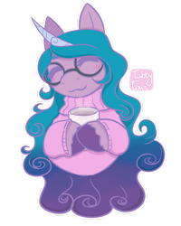Size: 1280x1600 | Tagged: safe, artist:sunshmallow, imported from derpibooru, izzy moonbow, pony, unicorn, chocolate, clothes, female, food, g5, glasses, horn, hot chocolate, mare, simple background, solo, sweater, transparent background