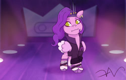 Size: 2048x1307 | Tagged: safe, artist:swasfews, imported from derpibooru, pipp petals, pegasus, pony, clothes, costume, fangs, female, g5, halloween, halloween costume, holiday, mare, solo, stage