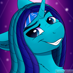 Size: 2000x2000 | Tagged: safe, artist:decemberbreeze, imported from derpibooru, oc, oc only, oc:rocky blues, unicorn, bust, commission, commissioner:legionofblues, dreadlocks, headband, horn, male, portrait, smiling, solo, stallion, unicorn oc