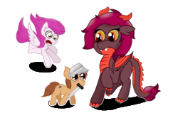 Size: 1920x1278 | Tagged: safe, artist:zeccy, imported from derpibooru, oc, oc:indigo talon, dracony, dragon, earth pony, hybrid, pegasus, pony, animated, claws, female, filly, foal, gif, horns, motion lines, simple background, sword, transparent background, weapon, wings, wings down, yellow eyes