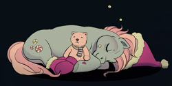 Size: 2047x1028 | Tagged: safe, artist:calaphort, imported from derpibooru, minty, earth pony, pony, black background, blush lines, blushing, christmas, closed mouth, clothes, cute, doodle, eyes closed, female, full body, fur trim, g3, hat, heart, heart mark, holiday, lying down, mare, on side, plushie, santa hat, signature, simple background, sleeping, smiling, socks, solo, teddy bear, underhoof