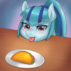 Size: 1000x1000 | Tagged: safe, artist:tzc, imported from derpibooru, sonata dusk, earth pony, pony, equestria girls, :p, behaving like a dog, cute, earth pony sonata dusk, equestria girls ponified, female, food, low quality, mare, mlem, ponified, silly, solo, sonatabetes, sonataco, taco, that pony sure does love tacos, tongue out