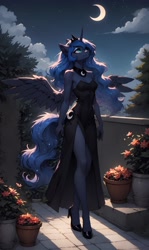 Size: 3048x5120 | Tagged: safe, imported from twibooru, princess luna, alicorn, anthro, ai generated, clothes, female, horn, image, moon, needs more jpeg, solo, solo female, winged anthro, wings