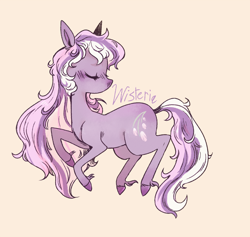 Size: 2000x1895 | Tagged: safe, artist:themagicbrew, imported from derpibooru, wysteria, earth pony, pony, blush lines, blushing, character name, eyes closed, female, full body, g3, mare, no mouth, nose blush, purple coat, purple mane, purple tail, side view, simple background, solo, tail, three toned mane, three toned tail, turned head, unshorn fetlocks
