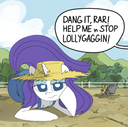 Size: 3155x3128 | Tagged: safe, artist:ponny, imported from derpibooru, rarity, pony, unicorn, simple ways, clothes, cloud, colored, hat, hill, horn, looking at you, my little pony, overalls, rarihick, shading, sky, solo, speech bubble, straw hat, text, tree