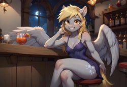 Size: 1600x1095 | Tagged: safe, imported from twibooru, derpy hooves, anthro, pegasus, ai generated, alcohol, bar, breasts, cleavage, clothes, crossed legs, dress, female, image, looking at you, needs more jpeg, prompter:mudgeo, sitting, smiling, solo