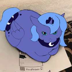 Size: 1080x1080 | Tagged: safe, artist:dovakkins, imported from derpibooru, princess luna, alicorn, cat, looking at you, lying down, maxwell, meme, ponified animal photo, ponified meme, ponyloaf, prone, real life background, s1 luna, solo, text
