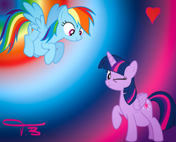 Size: 7500x6069 | Tagged: safe, artist:twilightsbelly, imported from derpibooru, rainbow dash, twilight sparkle, alicorn, pegasus, pony, belly, bloated, duo, duo female, female, gradient background, implied vore, looking at you, mare, one eye closed, stuffed belly, twilight sparkle (alicorn), vore, wink, winking at you