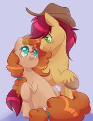 Size: 1230x1600 | Tagged: safe, artist:uckster_, imported from derpibooru, bright mac, pear butter, earth pony, pony, bright mac's hat, brightbutter, buttercup, closed mouth, colored lineart, cowboy hat, duo, duo male and female, female, flower, flower in hair, freckles, full body, hat, lavender background, looking at each other, looking at someone, male, mare, no pupils, raised hoof, shiny mane, shiny tail, shipping, signature, simple background, sitting, smiling, smiling at each other, stallion, straight, turned head, unshorn fetlocks