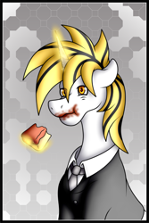 Size: 2401x3601 | Tagged: safe, artist:thebenalpha, imported from derpibooru, oc, oc:srok, unicorn, bust, cake, clothes, eating, food, horn, magic, male, necktie, solo, stallion, suit, surprised, unicorn oc