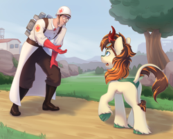 Size: 3508x2800 | Tagged: safe, artist:dandy, imported from derpibooru, oc, oc only, human, kirin, pony, boots, building, butt, clothes, cloven hooves, duo, glasses, gloves, goggles, goggles on head, grass, helmet, kirin oc, lab coat, leg fluff, leonine tail, male, medic (tf2), shoes, stallion, stitches, tail, team fortress 2, tree, unshorn fetlocks