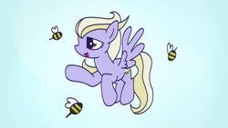 Size: 1920x1080 | Tagged: safe, artist:backgroundmares, imported from derpibooru, sweet buzz, bee, insect, pegasus, pony, bumblebee, female, flying, gradient background, las pegasus resident, mare, open mouth, open smile, smiling, solo