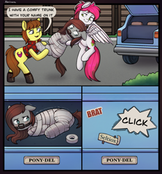 Size: 1928x2065 | Tagged: safe, artist:xeninara, imported from derpibooru, part of a set, oc, oc only, oc:liz (cardshark777), oc:seltiox, oc:siren, earth pony, pegasus, pony, bdsm, bondage, bound, bound and gagged, captured, caught, clothes, comic, commission, dialogue, dialogue box, digital art, earth pony oc, female, fetish, gag, helpless, hoof shoes, kidnapped, male, mare, mummification, mummified, muzzle gag, package, pegasus oc, restrained, skintight, stallion, stallion oc, submissive, tape, tape bondage, tied up, trio, wings, wrapped up