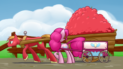Size: 3156x1780 | Tagged: safe, artist:underpable, imported from derpibooru, big macintosh, pinkie pie, earth pony, pony, apple, cart, cropped, duo, duo male and female, female, fence, food, freckles, male, mare, outdoors, pulling, stallion, unshorn fetlocks, wagon, welcome wagon, working