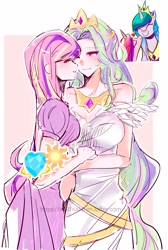 Size: 2526x3769 | Tagged: safe, imported from derpibooru, princess cadance, princess celestia, anthro, human, pony, spoiler:comic, aunt and niece, celestiance, female, hug, humanized, infidelity, kissing, lesbian, long hair, shipping