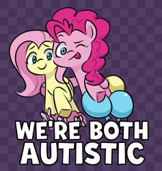 Size: 1022x1080 | Tagged: safe, artist:makaryo, imported from derpibooru, fluttershy, pinkie pie, butterfly, earth pony, pegasus, pony, ;p, andrea libman, balloon, checkered background, duo, duo female, female, happy, looking at you, one eye closed, smiling, tongue out, wink