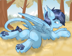 Size: 5949x4623 | Tagged: safe, artist:pzkratzer, imported from derpibooru, oc, oc only, oc:night cloud, pony, sphinx, cute, female, forest, forest background, looking back, lying down, nature, outdoors, paws, solo, solo female, sphinx oc, spread wings, tree, wings