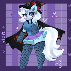 Size: 3000x3000 | Tagged: safe, artist:nixie_paws, imported from derpibooru, trixie, pony, semi-anthro, unicorn, clothes, female, fishnet clothing, fishnets, horn, skirt, socks, stockings, thigh highs