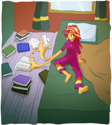 Size: 1242x1380 | Tagged: safe, artist:siemensohm, imported from derpibooru, sunset shimmer, human, equestria girls, barefoot, bed hair, book, crossover, duo, feet, female, migi, not salmon, parasyte, reading, voice actor joke, wat