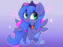 Size: 4000x3000 | Tagged: safe, artist:zokkili, imported from derpibooru, princess luna, alicorn, pony, :3, crown, ear fluff, eye clipping through hair, eyebrows, eyebrows visible through hair, female, gradient background, heart, hoof shoes, horn, jewelry, peytral, princess shoes, raised hoof, regalia, solo, sparkles, spread wings, starry eyes, wingding eyes, wings