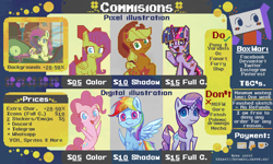 Size: 3200x1920 | Tagged: safe, artist:boxwari, imported from derpibooru, applejack, fluttershy, pinkie pie, rainbow dash, rarity, twilight sparkle, earth pony, pegasus, pony, unicorn, advertisement, colored, commission, commission info, commission open, digital art, female, flat colors, full color, high res, horn, lying down, mane six, mare, pixel art, price list, price sheet, price tag, prone, sketch, text, wings