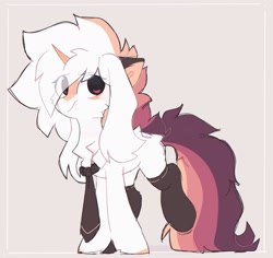 Size: 2121x2000 | Tagged: safe, artist:little-sketches, oc, oc only, oc:ayaka, pony, unicorn, blaze (coat marking), butt fluff, cheek fluff, chest fluff, clothes, colored ears, colored hooves, curved horn, eye clipping through hair, eyebrows visible through hair, facial markings, female, floppy ears, gray background, horn, leg fluff, legs together, looking back, mare, multicolored tail, necktie, raised leg, simple background, socks, solo, standing, thigh highs, unicorn horn, unicorn oc, white coat